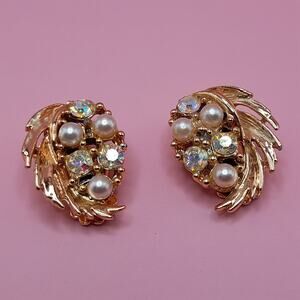 Vintage Clip Earrings, Gold Tone, Aurora Borealis Crystals, Faux Pearls, 1960s